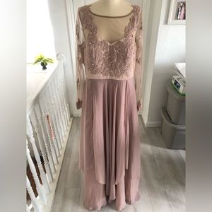 Long sleeve,lace beaded gown.
